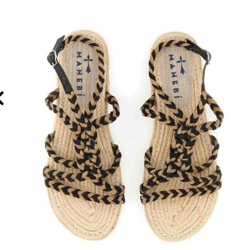 Manebi Black and Natural Braided Rope Sandals on espadrille sole